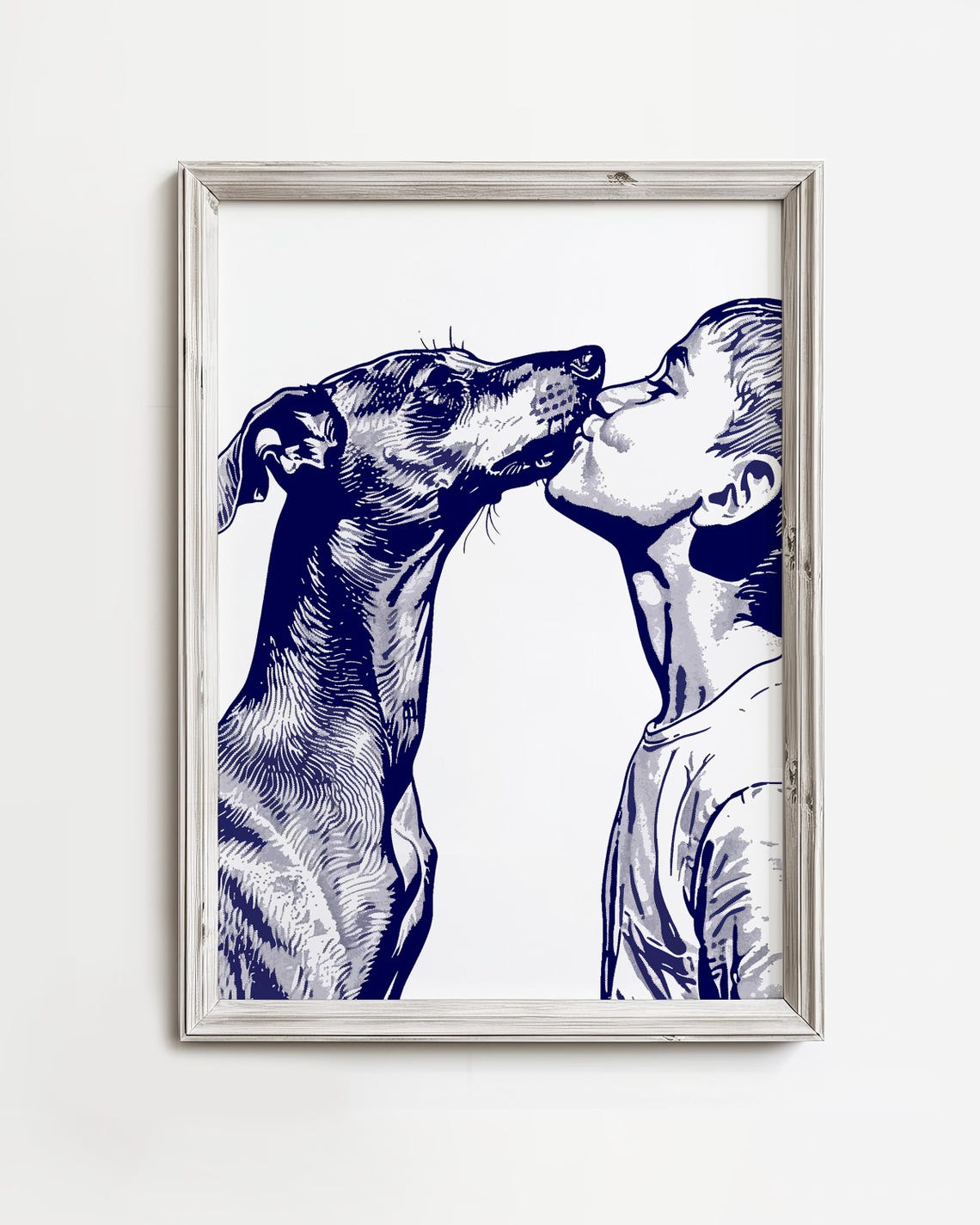 Boy Kissing Italian Greyhound Dog Blue Ink Coastal Sketch Poster