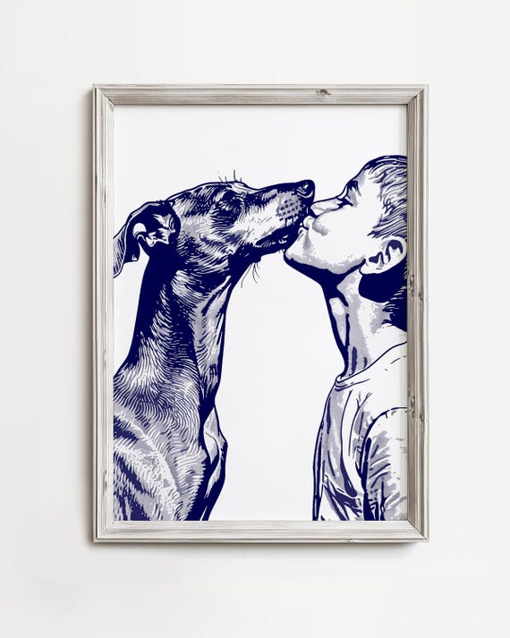 Boy Kisses Italian Greyhound Happy Coastal Dog Summertime Beach Cottage Decor Cute Nursery Home Wall Art Blue Sketch