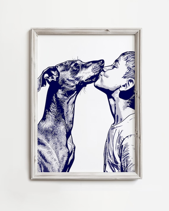 Boy Kissing Italian Greyhound Dog Blue Ink Coastal Sketch Poster