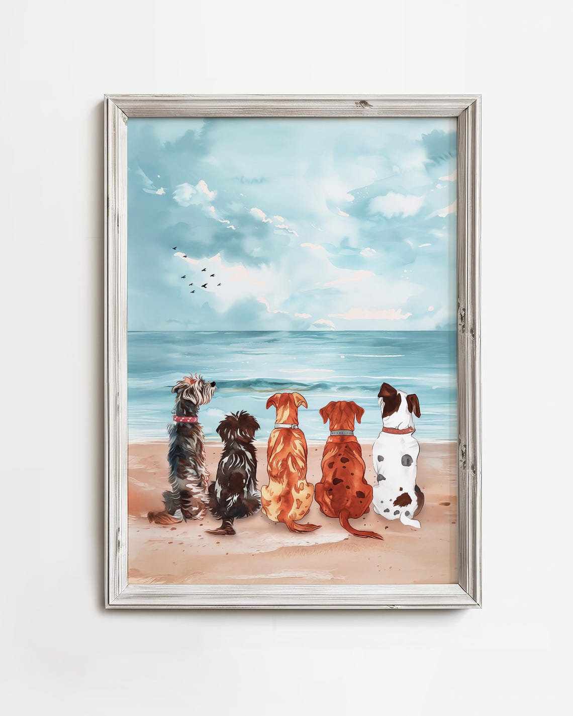 Five Dogs Beach Ocean Watercolor Watching Waves Group Art Poster