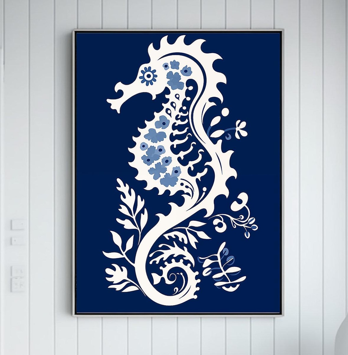 White Floral Seahorse Silhouette On Navy Blue Decorative Ocean Art Poster