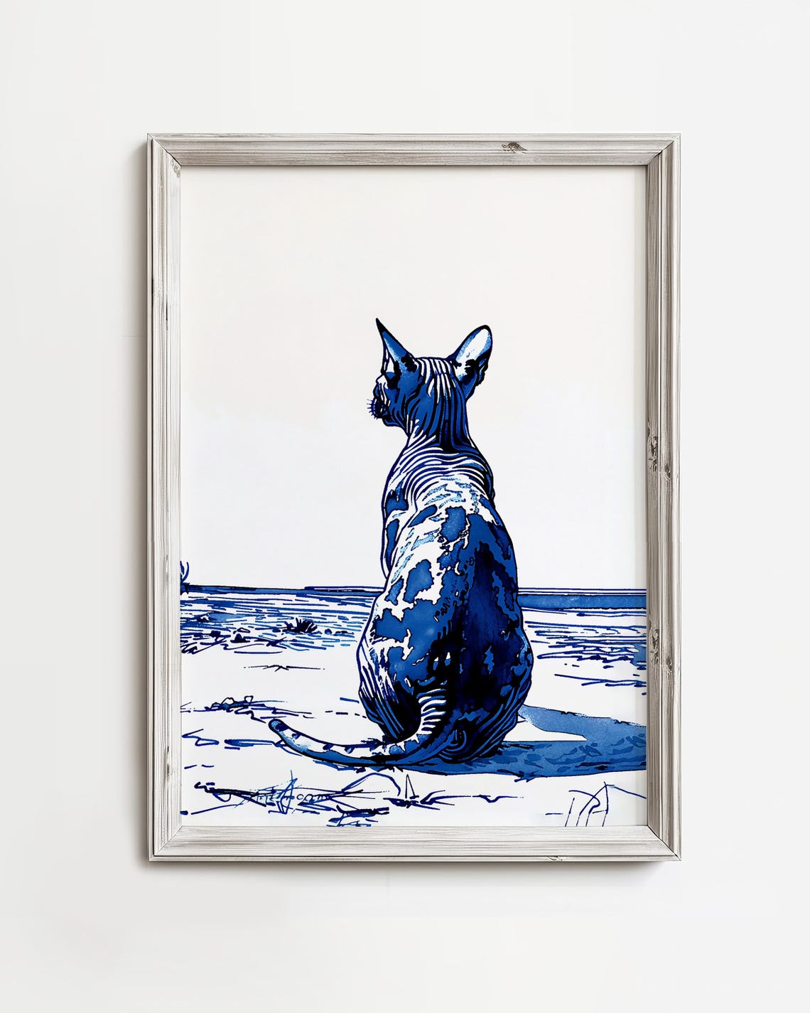 Sphynx Cat Watching Ocean Blue Watercolor Beach Summer Poster