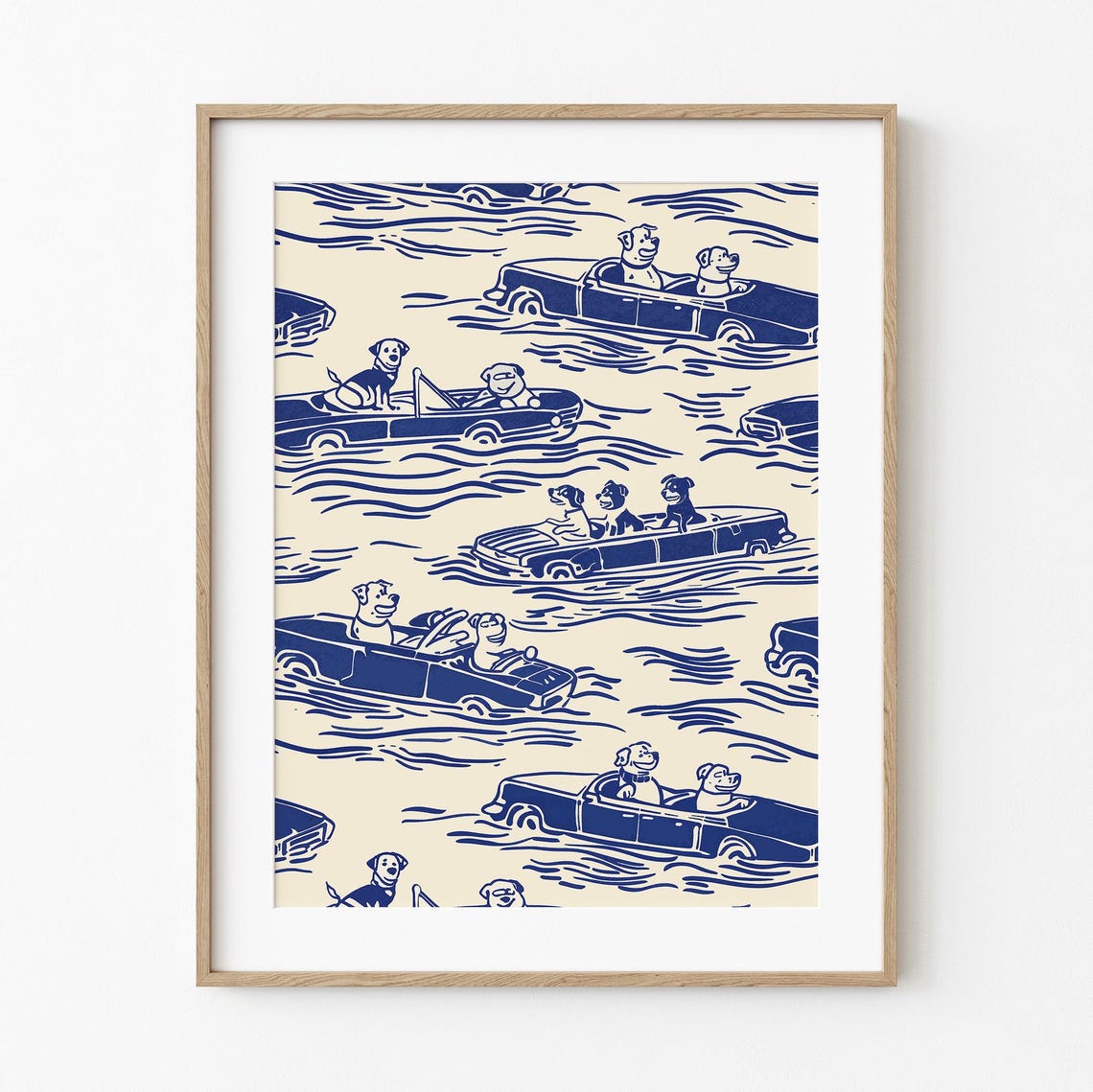 Dogs Driving Convertibles Navy Line Art Whimsical Beach Poster