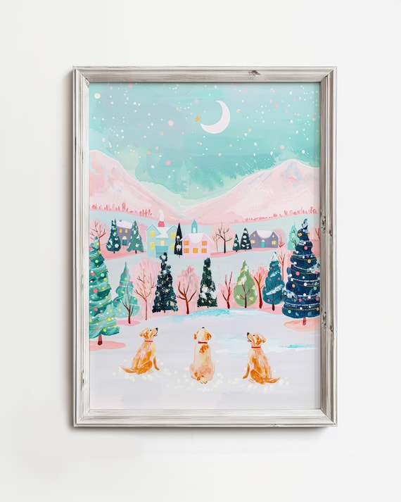 Three Golden Dogs Christmas Village Crescent Moon Pink Night Poster
