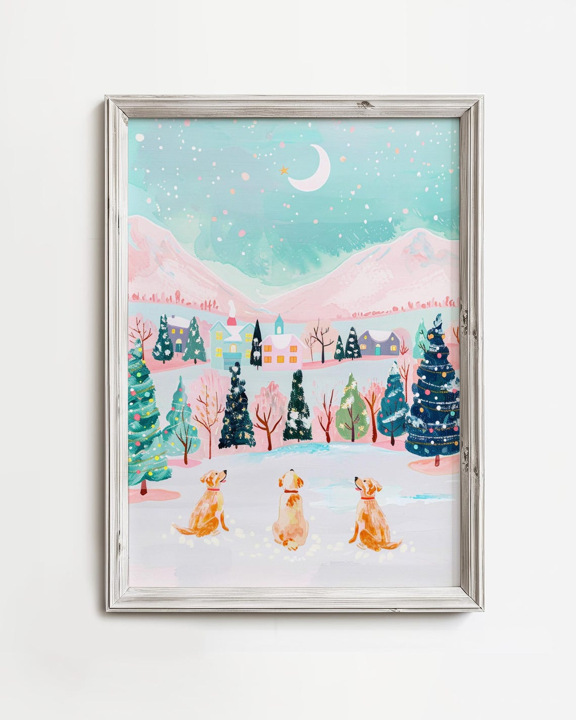 Three Golden Dogs Christmas Village Crescent Moon Pink Night Poster