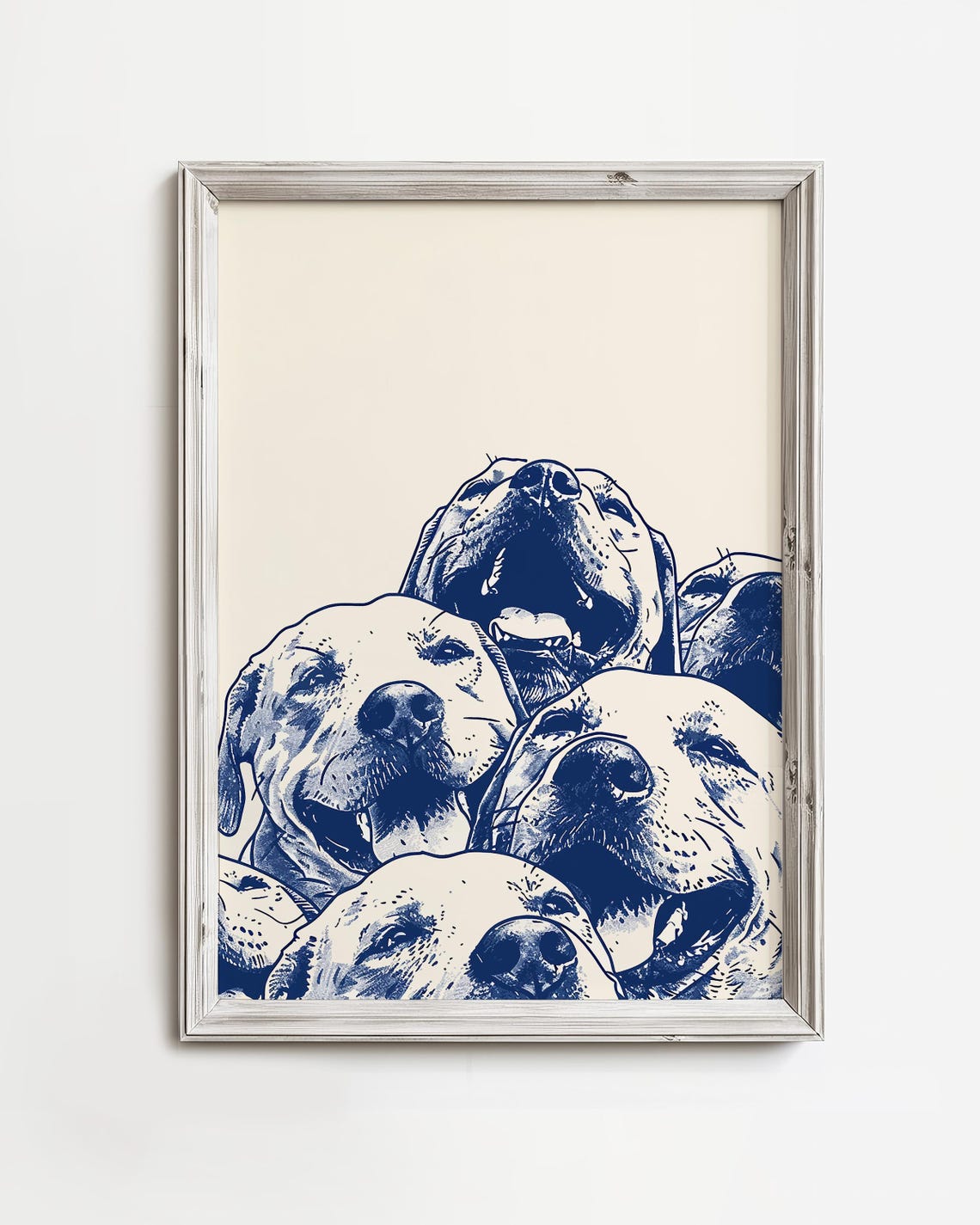 Smiling Labrador Retrievers Blue Ink Line Art Portrait Poster