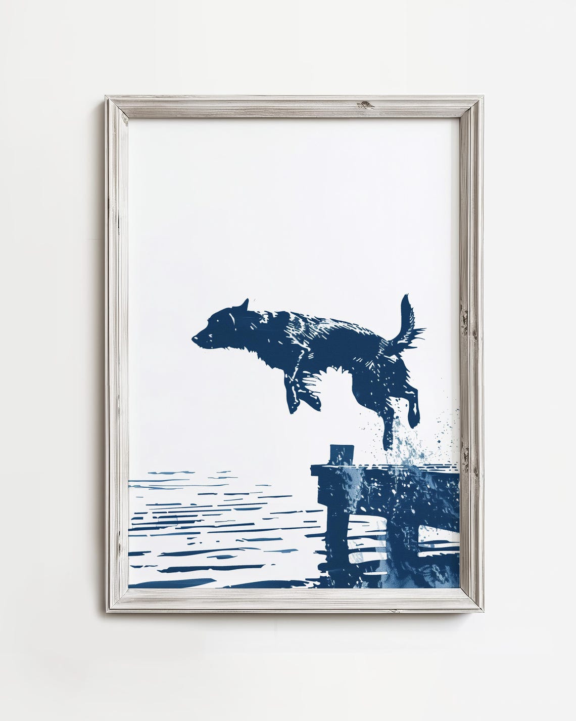 Leaping Dog Dock Dive Navy Blue Coastal Watercolor Art Poster