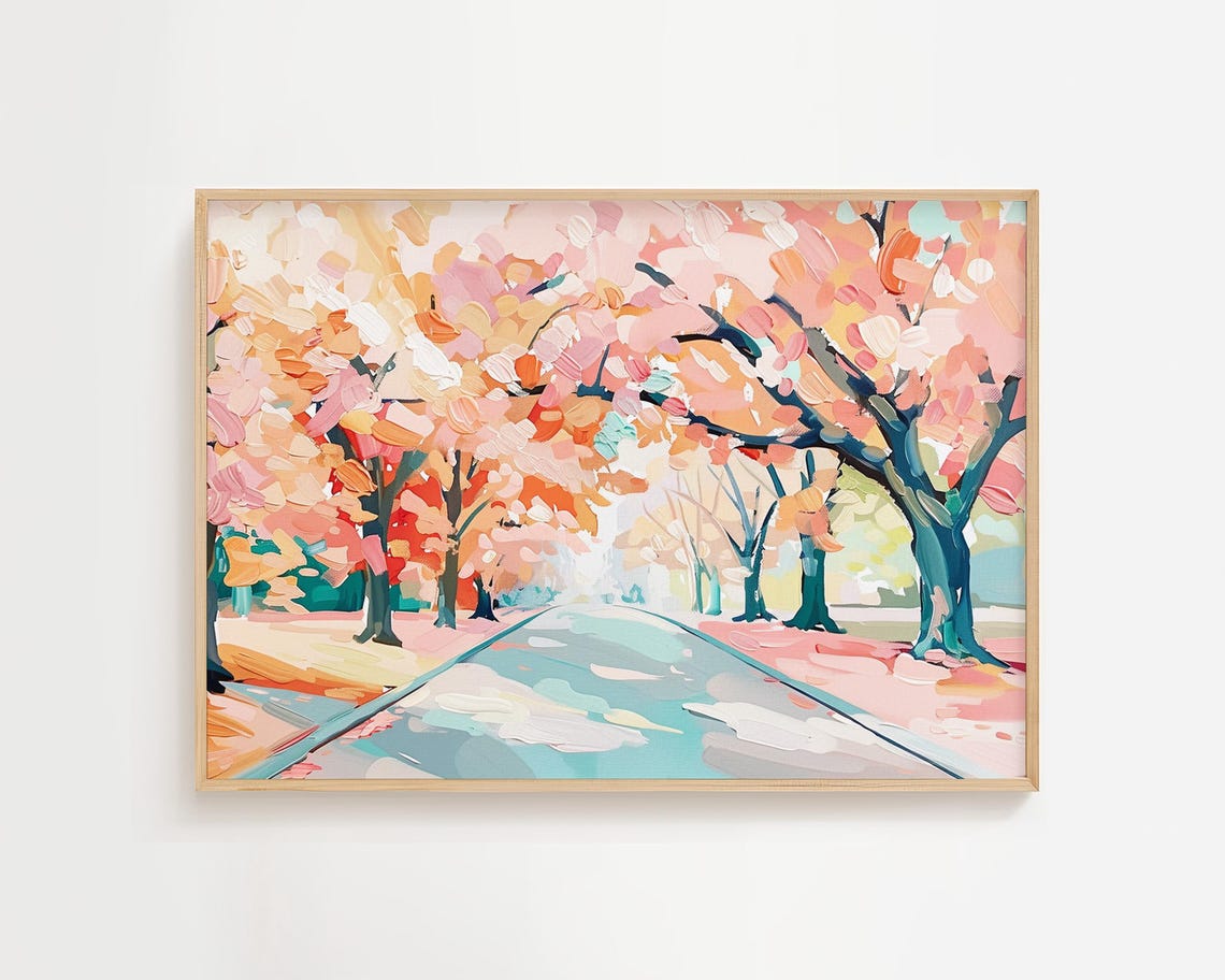 Pink Blossom Tree Avenue Pastel Impressionist Painting Poster