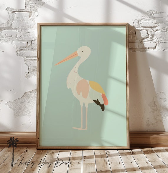 Colorful Crane Decor Sea Life Nursery Room Simple Childrens Art Tropical Bird Pastel