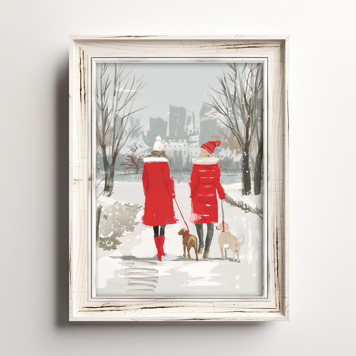 Two Friends In Red Coats Walking Dogs Through Snowy City Park Poster