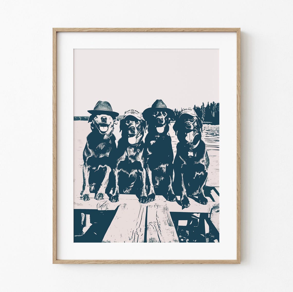Four Labradors In Hats On Wooden Dock Navy Two Tone Lakeside Poster