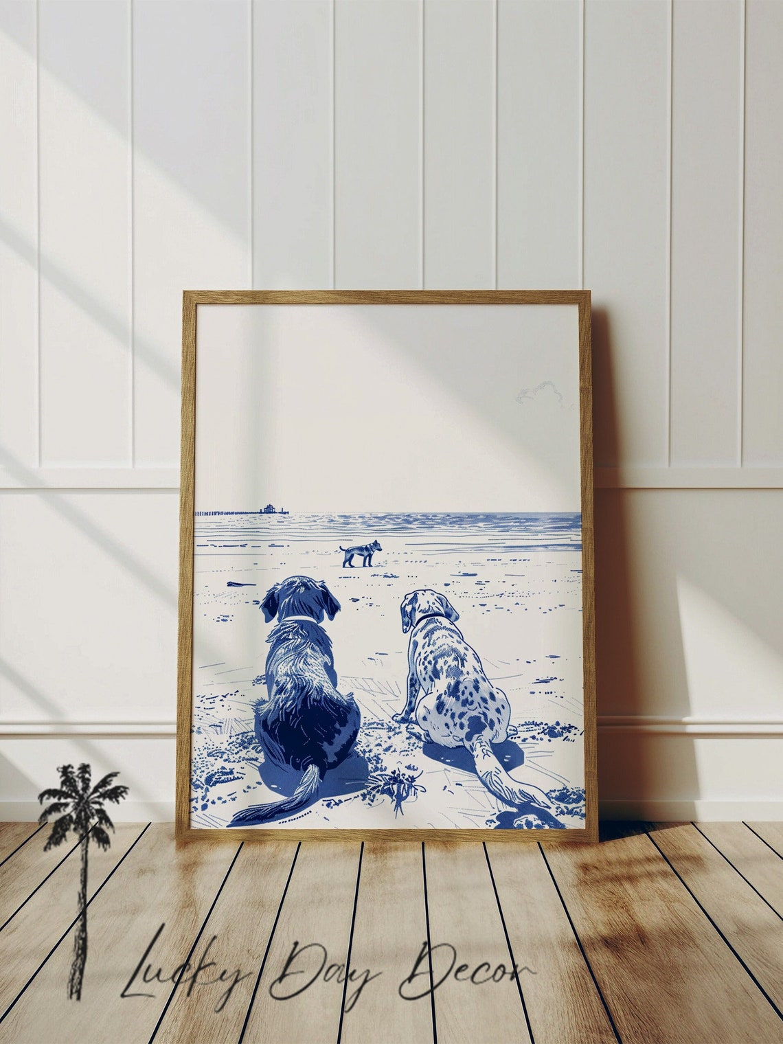 Happy Two Dogs Watching Ocean Blue Sketch Beach Day Coastal Poster