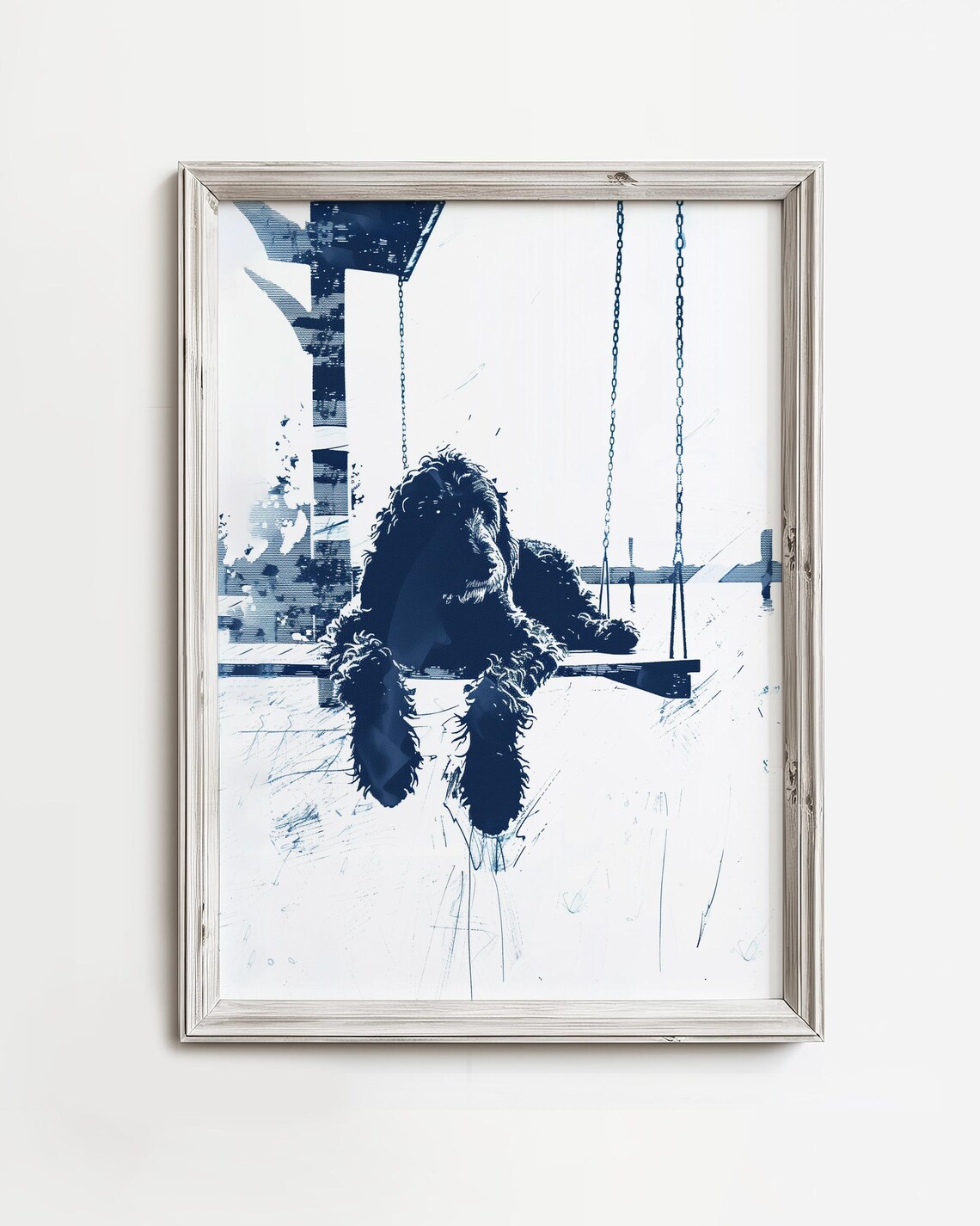 Shaggy Dog Resting on Porch Swing Blue Ink Illustration Poster