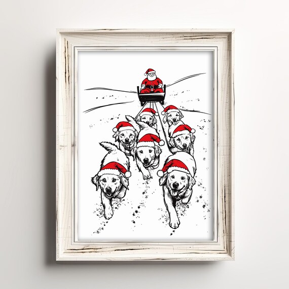 Golden Retrievers Pulling Santa Sleigh Christmas Dogs Sketch Wall Art