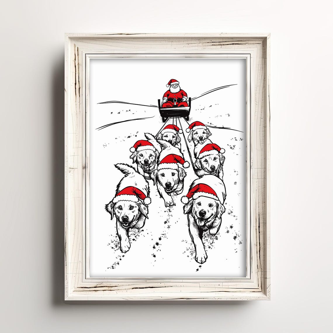 Golden Retrievers Pulling Santa Sleigh Christmas Dogs Sketch Wall Art