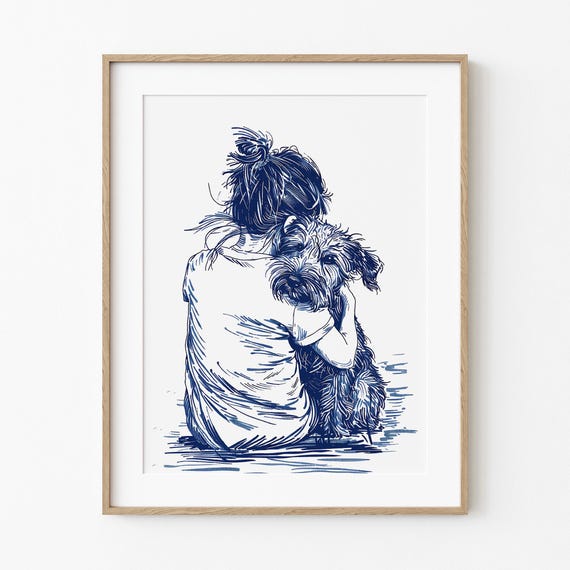 Girl Dog Hugging On Beach Cute Coastal Girls Room Summer Home Art Nursery Sketch Cottage Decor