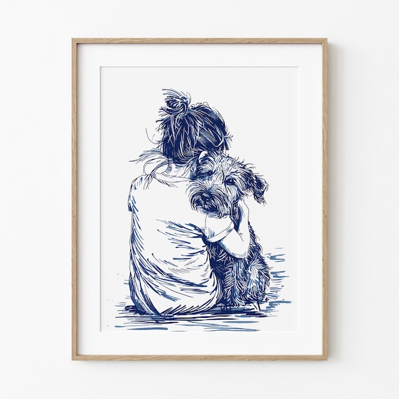 Girl Hugging Dog On Beach Blue Pen Sketch Coastal Love Poster