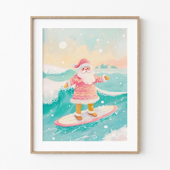 Santa Surfing Wave Whimsical Pink Coastal Christmas Painting Poster
