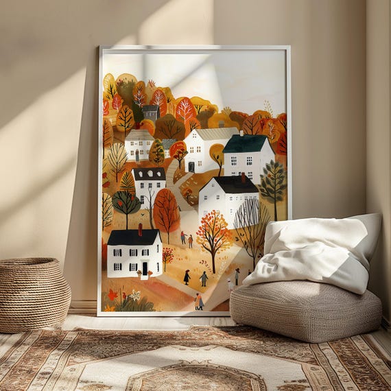 Folk Village In Autumn Fall Painting Art Rustic Vintage Seasonal Wall Decor Cozy Warm Tone