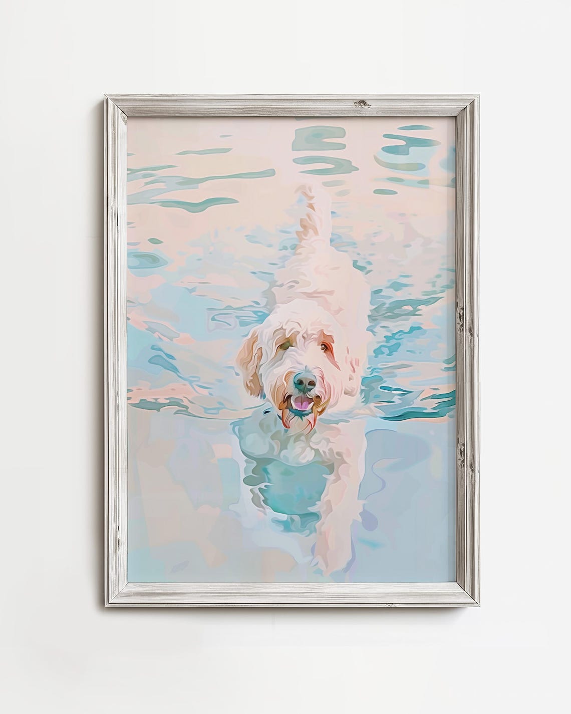 Labradoodle Swimming Pastel Water Joyful Waterdog Painting Poster