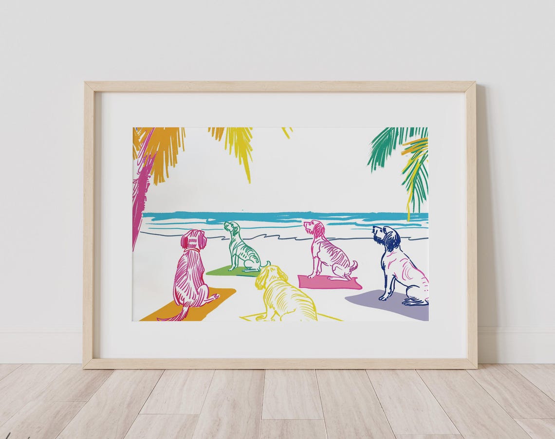 Dogs Doing Beach Yoga Delightful Dog Art Colorful Canine Prints Humorous Animals On Lover