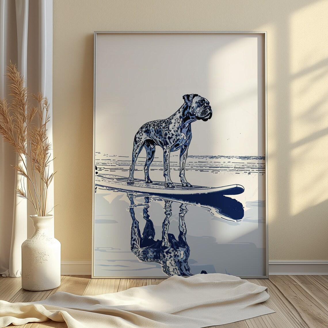Surfing Boxer Dog Vintage Coastal Art Poster