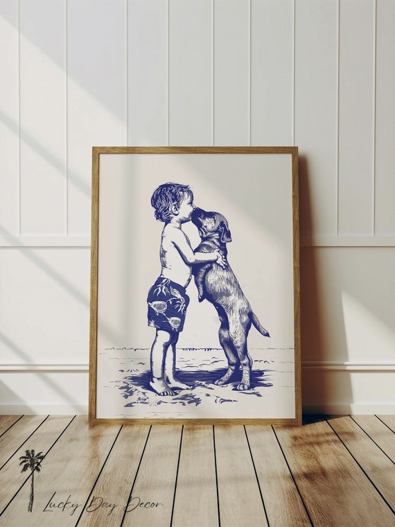 Coastal Puppy Kisses Beach Nursery Room Art Vintage Cottage Wall Decor Dog Lover Home Blue Sketch On White