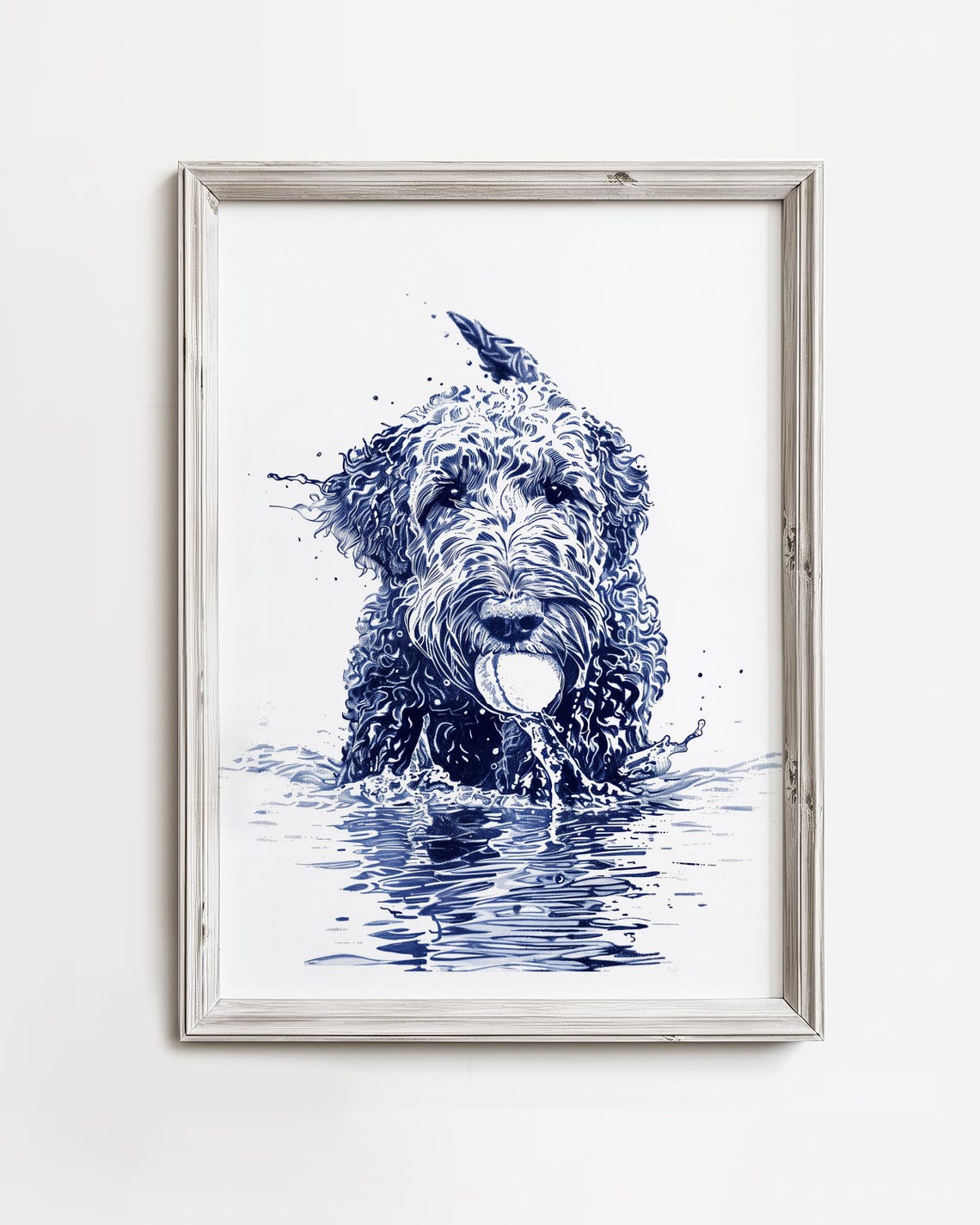 Curly Dog Fetching Ball in Water Navy Ink Splash Fun Art Poster