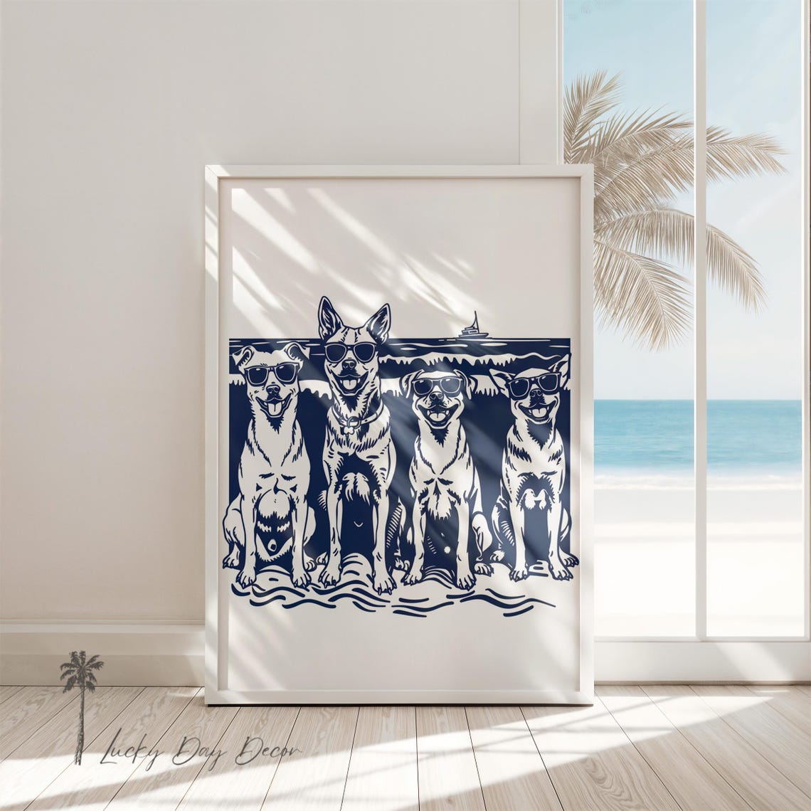 Four Dogs Sunglasses Beach Poster Navy Line Art Summer Wall Decor