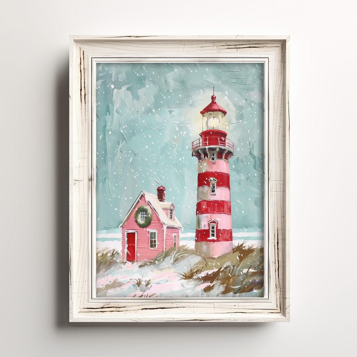 Pink Christmas Lighthouse Whimsical Snowy Coastal Holiday Poster