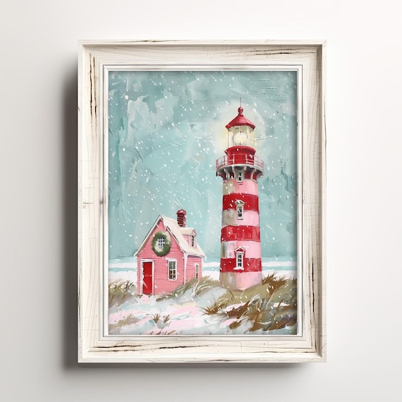 Pink Christmas Lighthouse Whimsical Snowy Coastal Holiday Poster