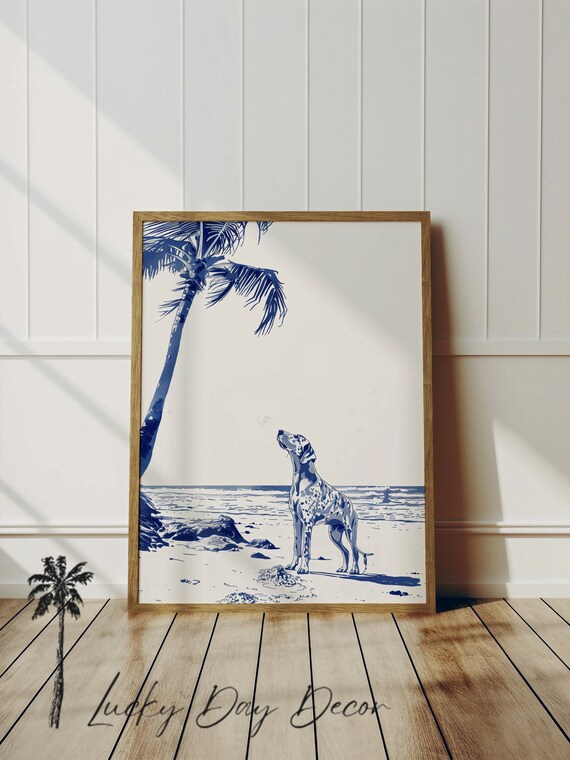 Dalmatian On The Coast Palm Tree Blue Line Art Beach Dog Ocean Poster