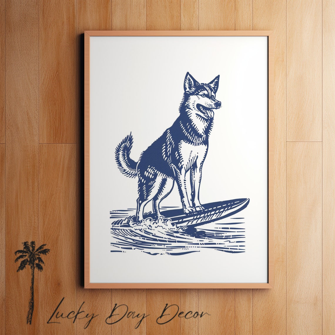 Happy Surfing Husky On Surfboard Blue Woodcut Coastal Art Poster
