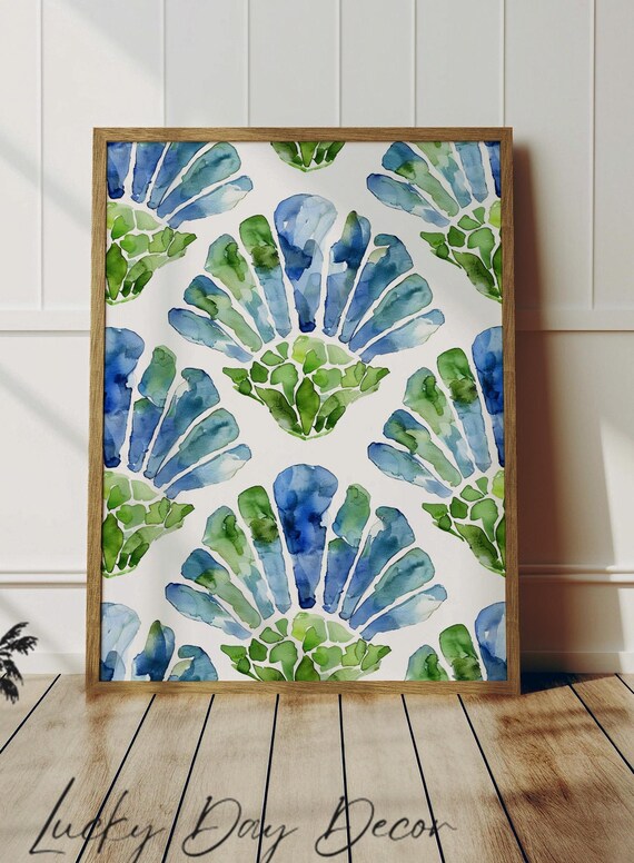 Blue Green Watercolor Shell Pattern Coastal Beach Trendy Art Poster