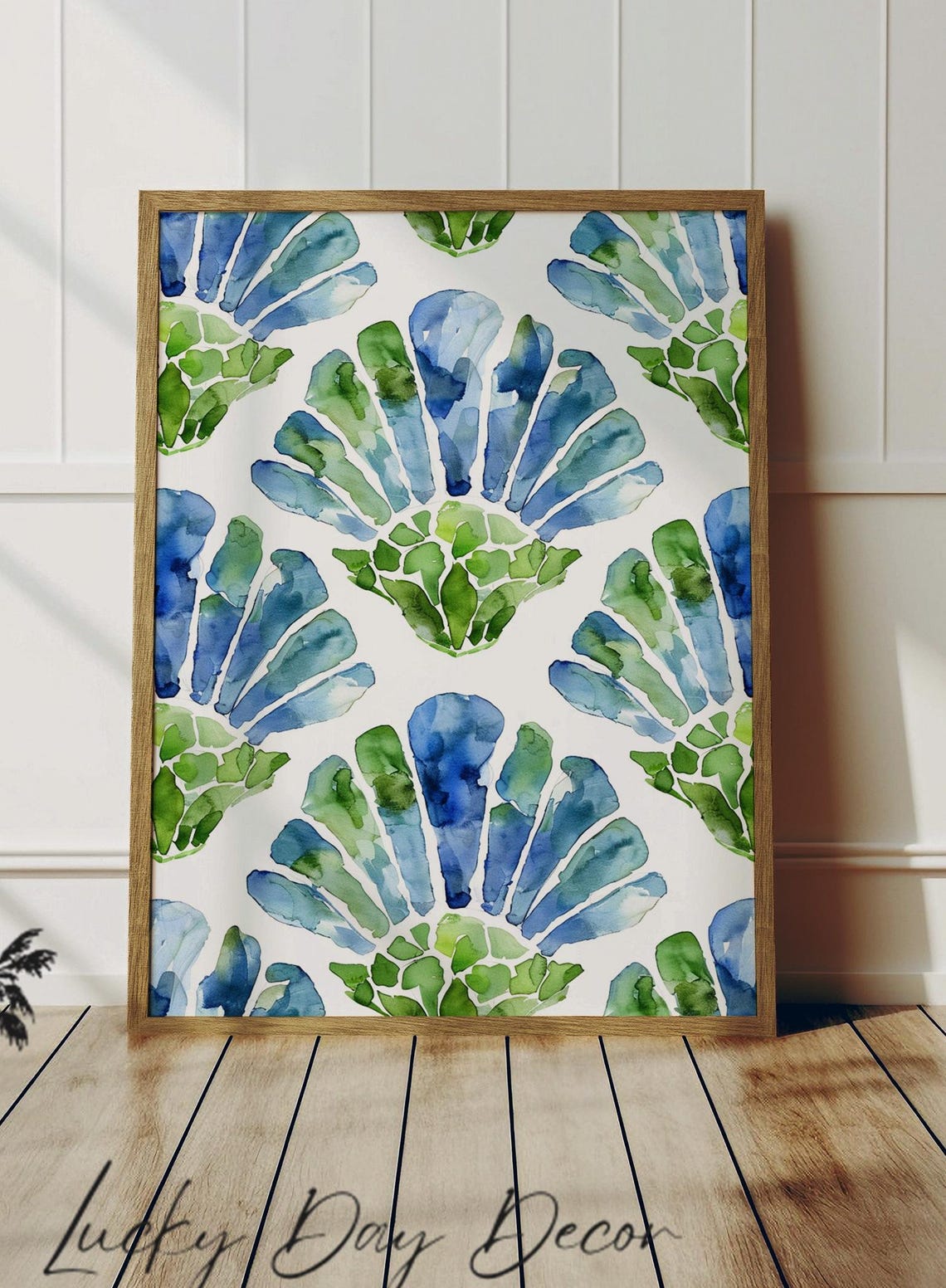 Blue Green Watercolor Shell Pattern Coastal Beach Trendy Art Poster