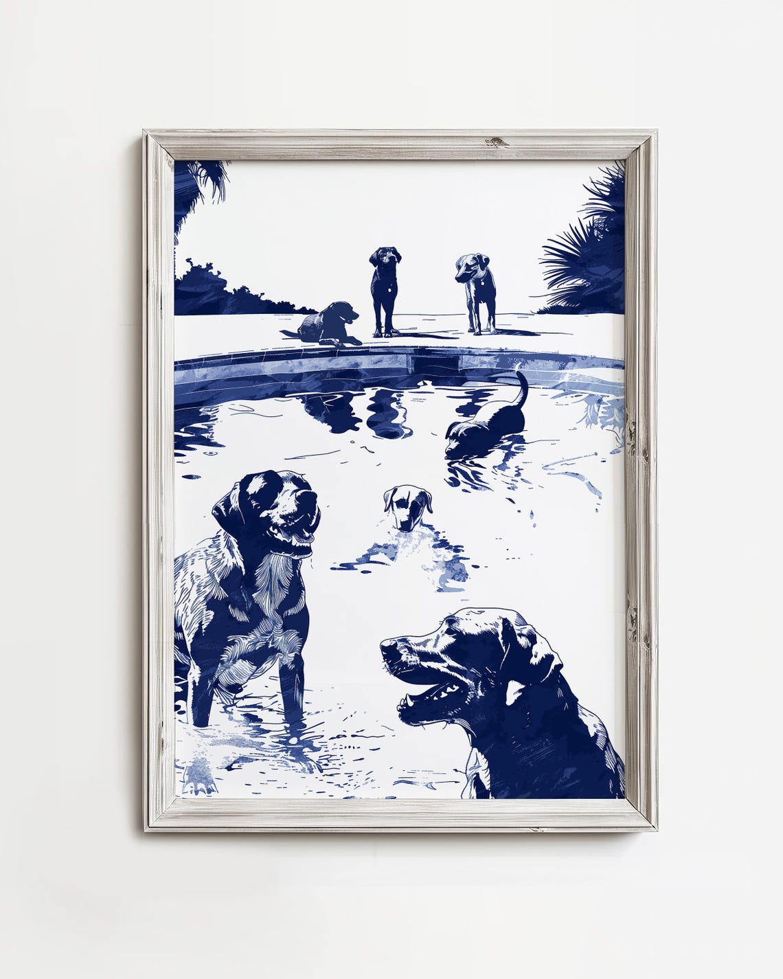 Blue Pool Dogs Labrador Sketch Fun Summer Swimming Dogs Art Poster