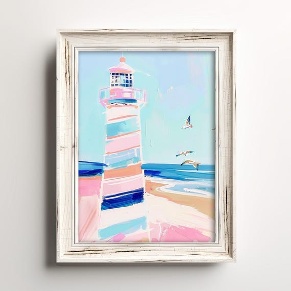 Pink Coastal Pastel Lighthouse Nautical Watercolor Artwork Oceanfront Beach Cottage Wall Decor Summer