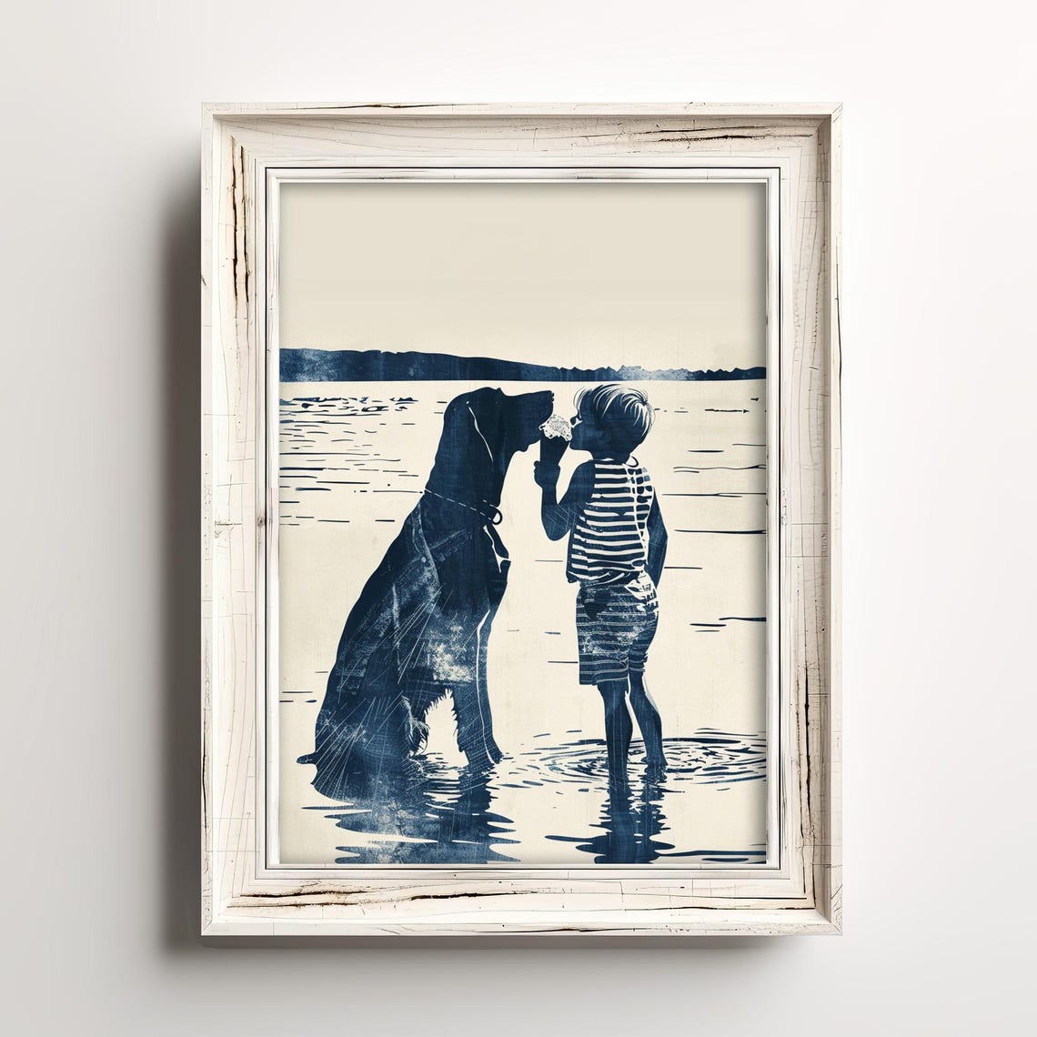 Boy and Dog Sharing Ice Cream at Lake Navy Silhouette Art Poster
