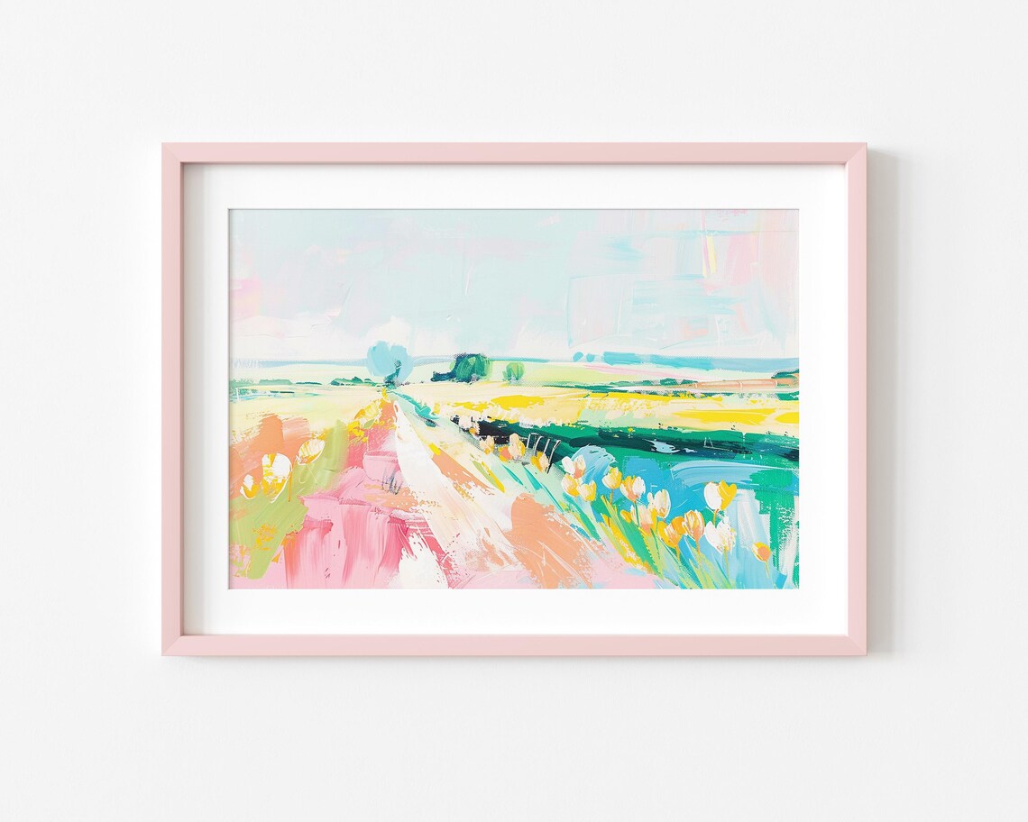 Pastel Tulip Field Spring Floral Impressionist Landscape Wall Art