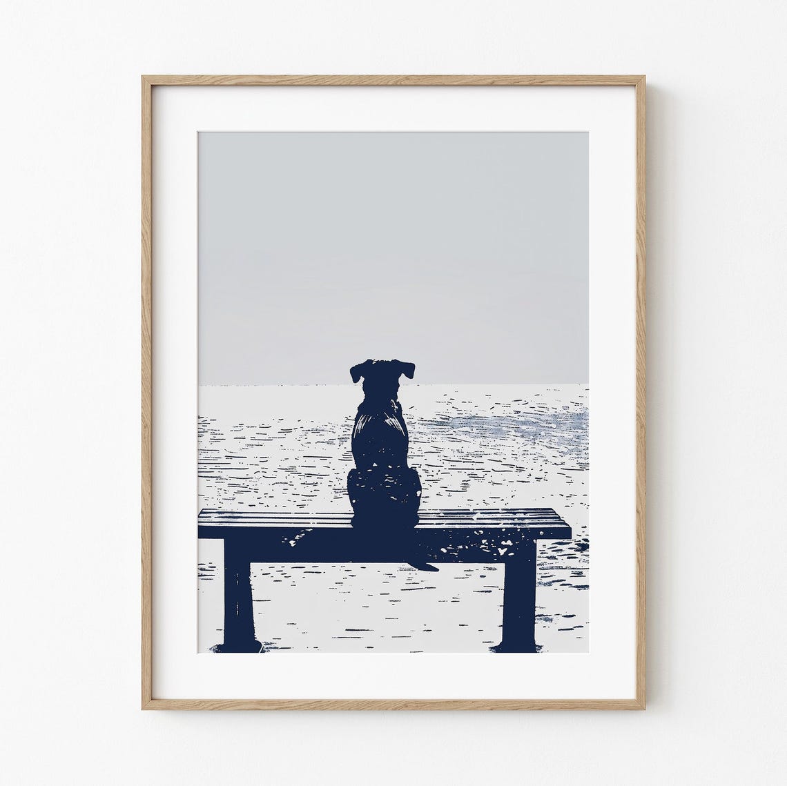 Dog Watching Ocean From Bench Navy Silhouette Coastal Poster