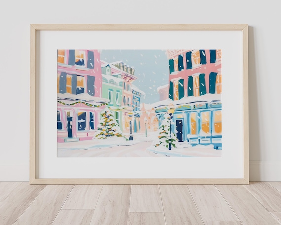Downtown City Snowstorm Vintage Pastel Cityscape Holiday Landscape Wall Decor Colorful Snow Print December