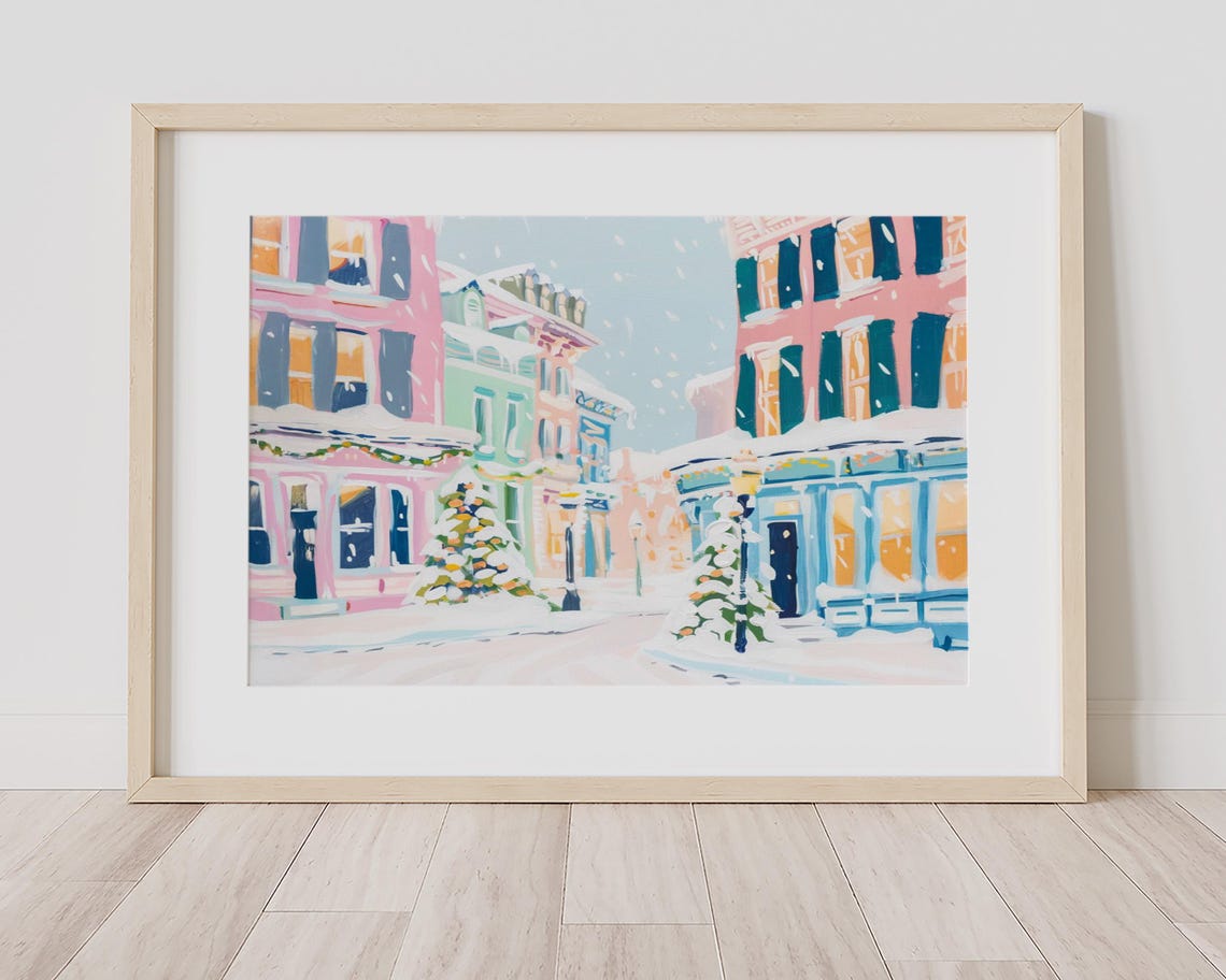 Snowy Pastel Main Street Winter Village Watercolor Art Poster