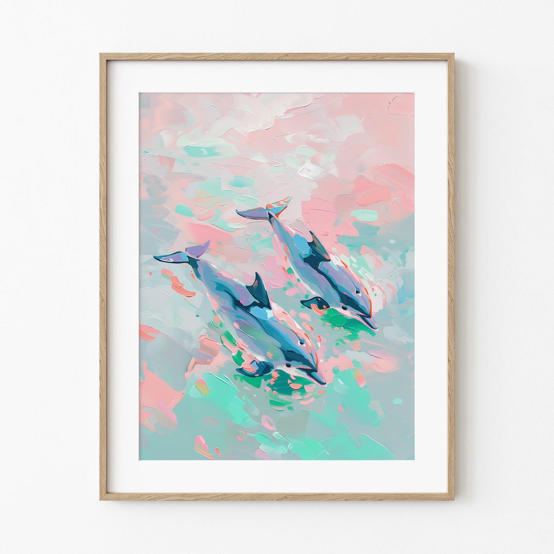 Two Dolphins Pastel Ocean Painting Poster for Beach House Decor