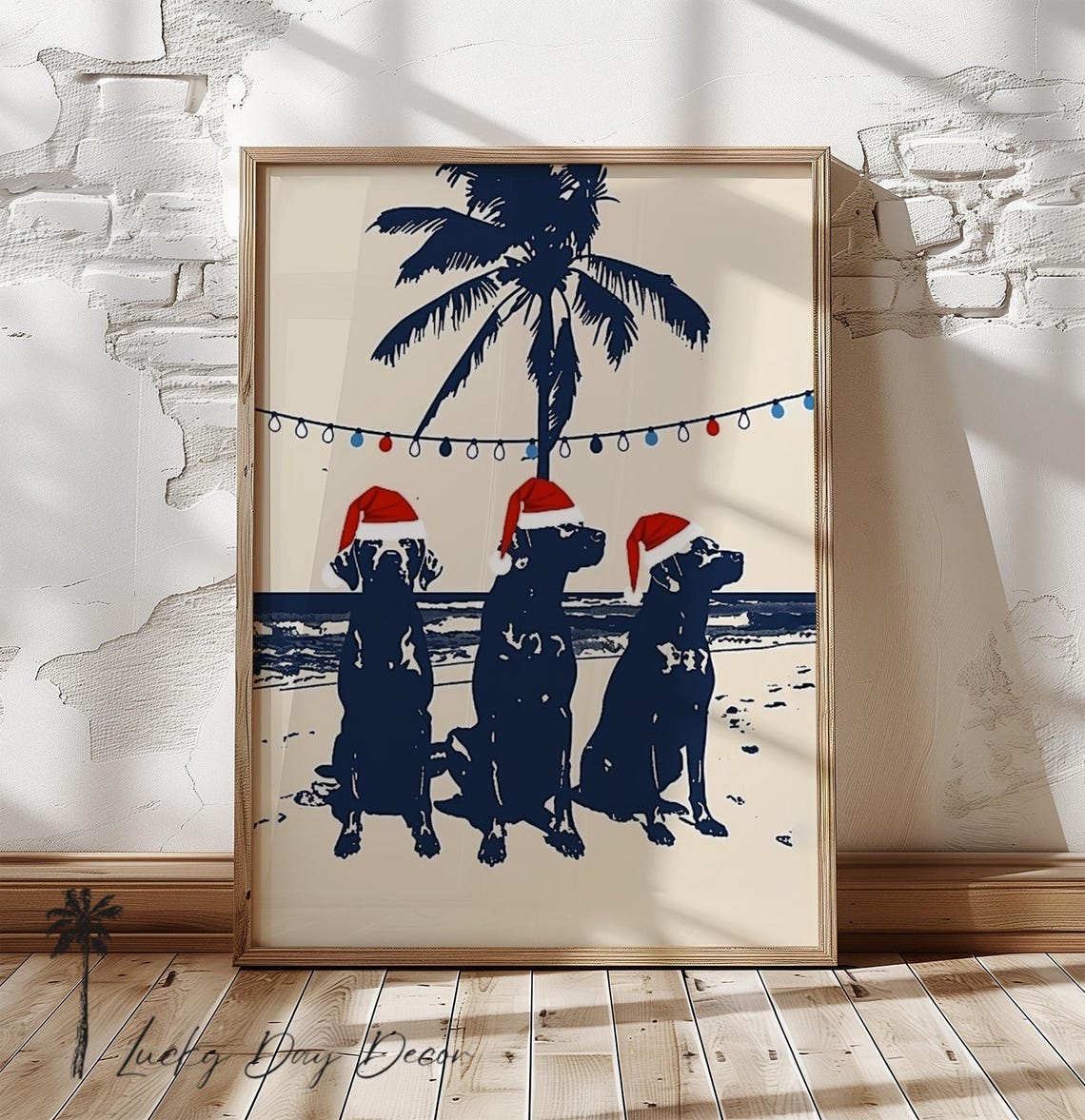 Three Dogs in Santa Hats Beach Palm Christmas Coastal Dog Poster