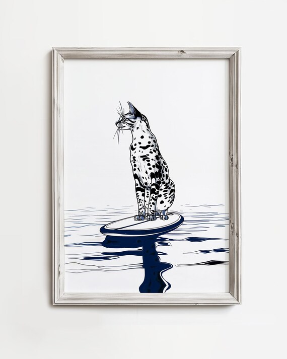 Spotted Cat On Paddleboard Navy Line Sketch Surf Coastal Poster