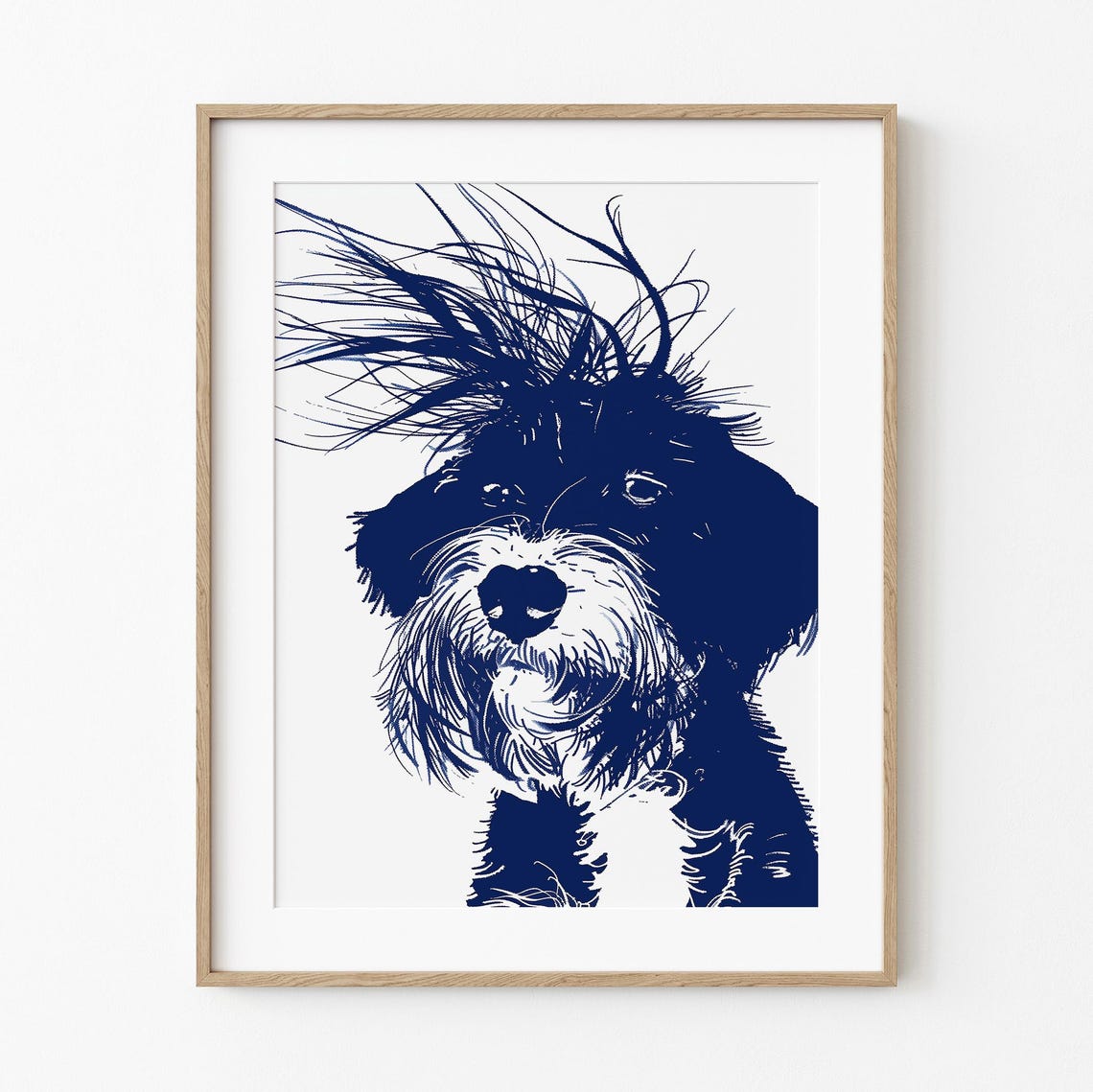Crazy Windblown Dog Hairdo Blue Ink Funny Portrait Art Poster