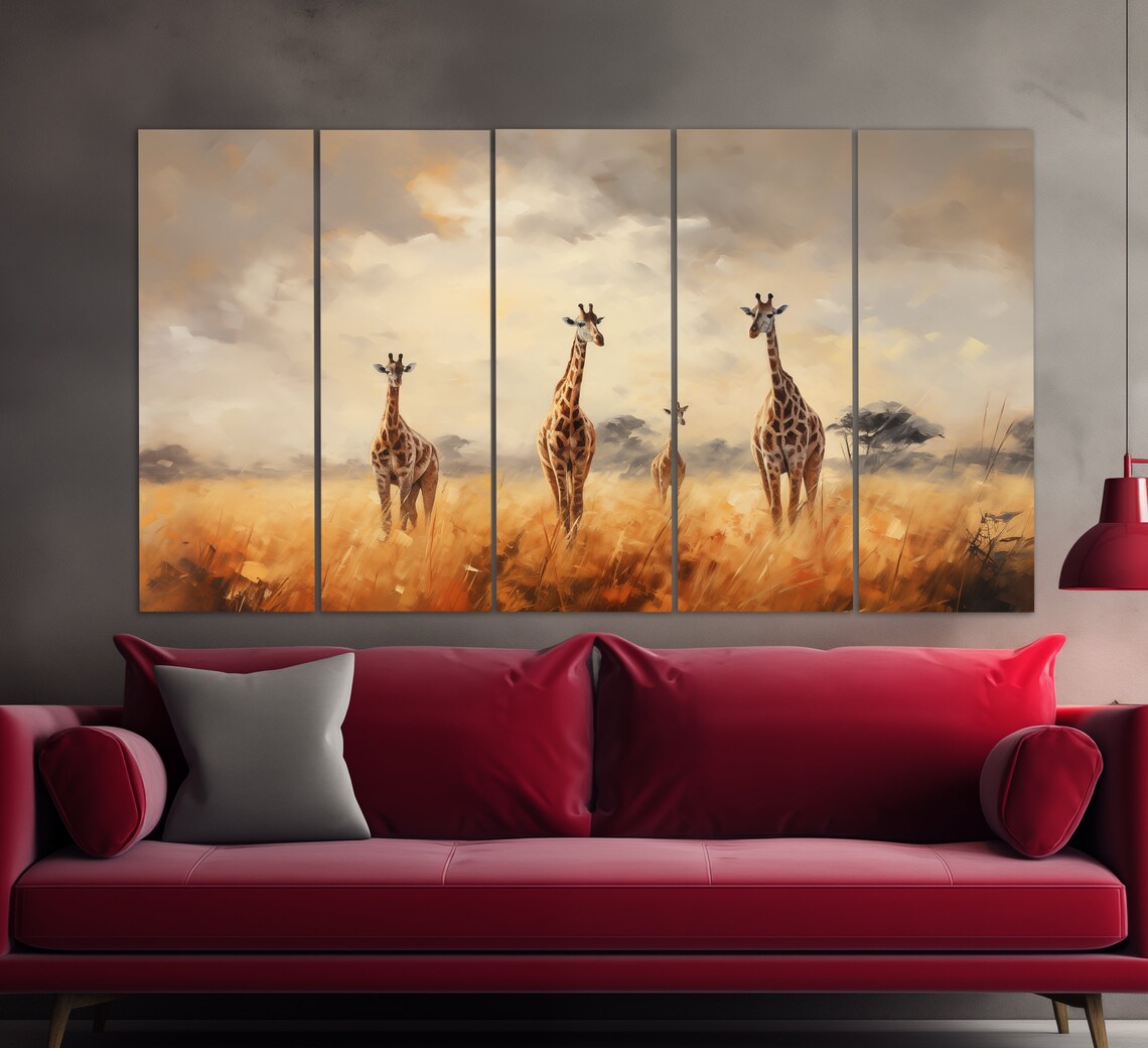 Giraffes Walking Through Golden African Savannah Vintage Oil Painting Wall Art Print - Image 5