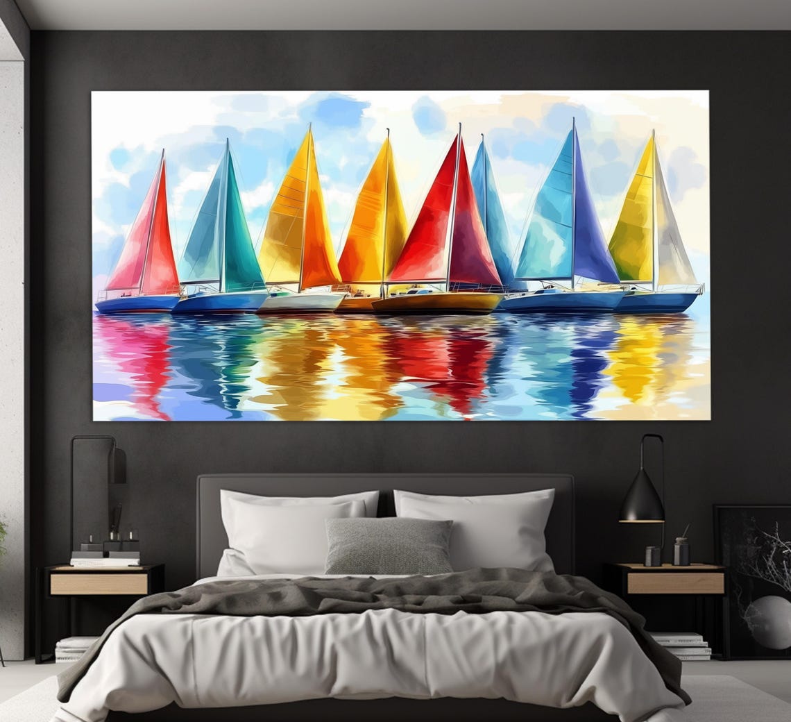 Colorful Sailboats Print In A Watercolor Painting Style Sailing Wall Art Sailing Club Wall Decor Sailboats Poster Sailing Print