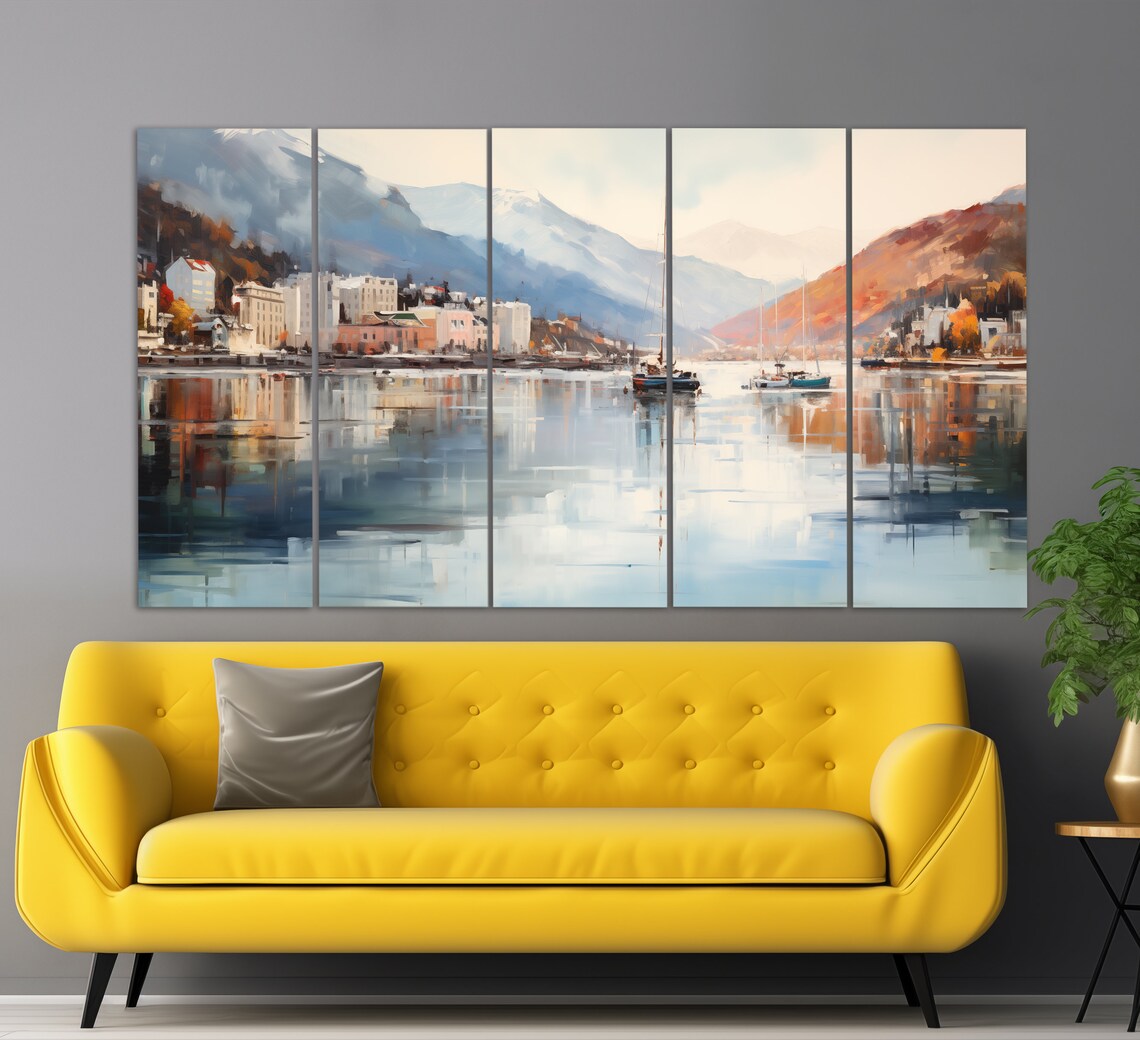 Oslo Harbor Fjord Mountains Watercolor Sailboats Norway Travel Poster - Image 2