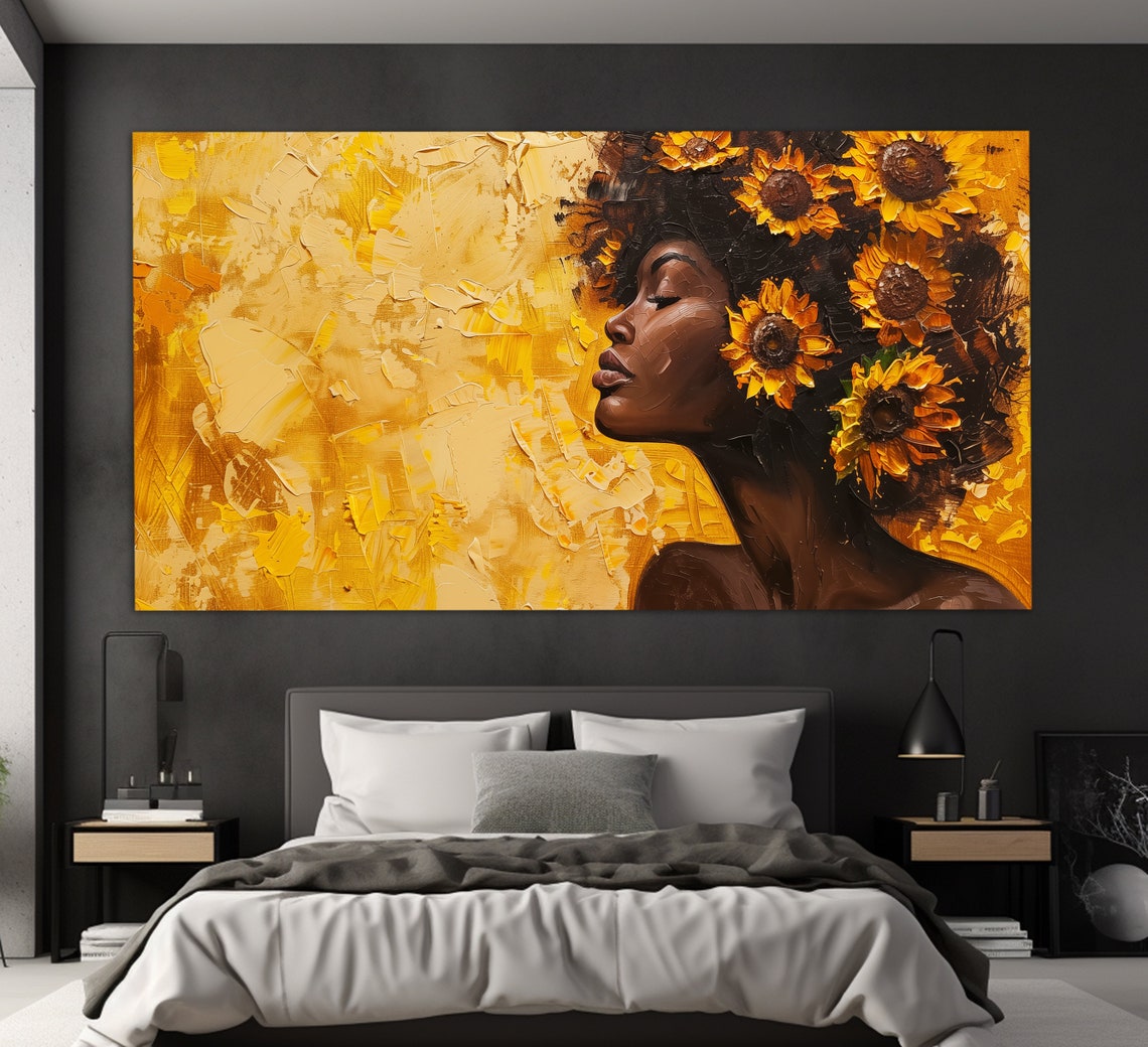 African Woman With Sunflowers In Hair Print In An Vintage Oil Painting Style African Wall Art Ethnic Woman Painting Modern Decor